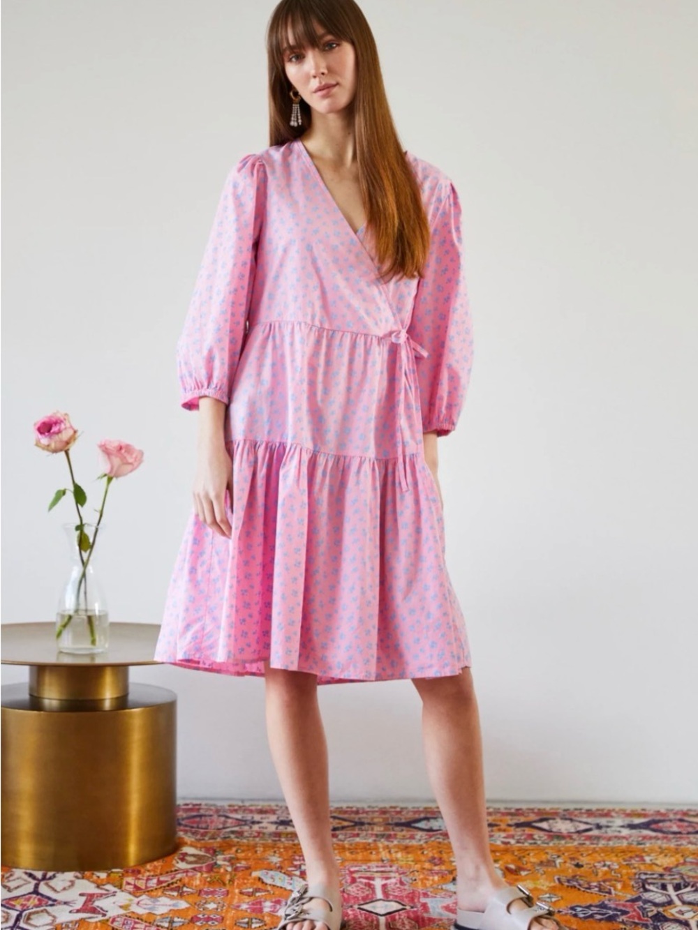 Selected Femme Pink Floral Wrap Mini Dress Size 34 (XS) Puff Sleeve oversized